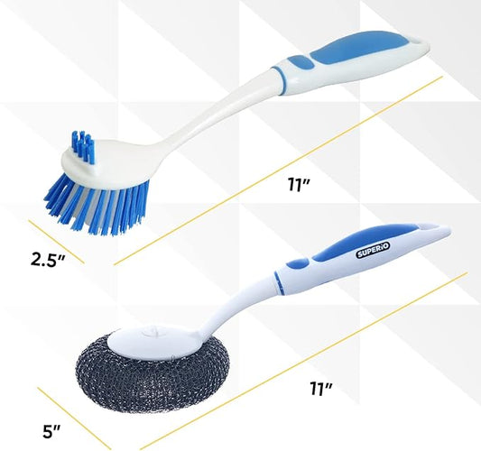 Dish Washing Vegetable Brush Scrubber with Stainless Steel Grill Brush, Scourer Sponge Brush Set with Long Handle and Rubber Grip, Non-Scratch, Kitchen Cleaning Set (2 Pack, Blue)