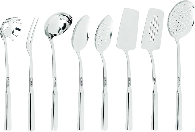 Viking Kitchen Utensils Set, 8 Piece Stainless Steel Cooking Utensil Set, Includes Spatulas, Spoons, Pasta Fork, Deep Ladle, Meat Fork, and Skimmer, Silver