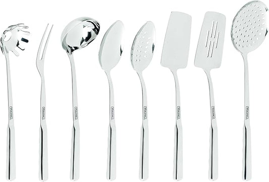 Viking Kitchen Utensils Set, 8 Piece Stainless Steel Cooking Utensil Set, Includes Spatulas, Spoons, Pasta Fork, Deep Ladle, Meat Fork, and Skimmer, Silver