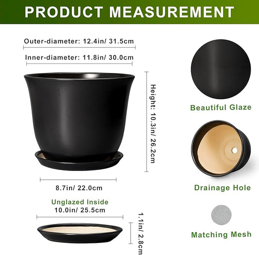 Ceramic Plant Pots - 12 Inch Plant Pot for Indoor Plants Outdoor, Large Planter with Drainage Hole and Saucer, Round Planters, Modern Flower Pot, Garden Patio Home Decor, Garden Gift, Black