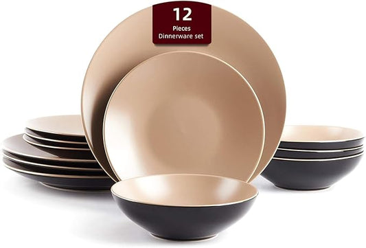 Stoneware Two-Tone Colors Life 12pc Dinner Set， Outside Shiny Black + Inside Matte Glaze Warm Beige