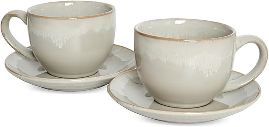 Bosmarlin Ceramic Cappuccino Cup and Saucer Set of 2, 9 Oz, Coffee Cups for Latte, Espresso, Tea, Dishwasher and Microwave Safe, Reavtive Glaze (Grey)