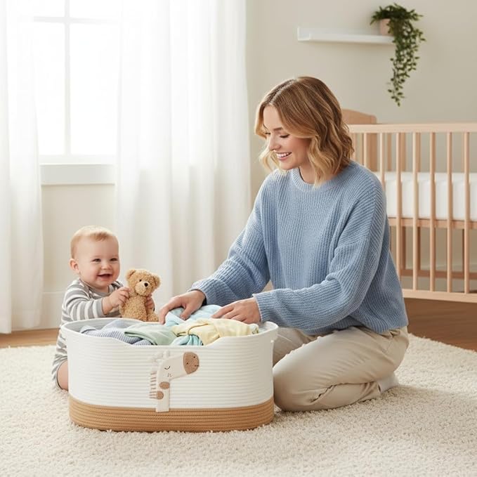 XYNAUTUVersatile Foldable Storage Basket, Natural Cotton Rope Organizer with Sturdy Handles for Nursery, Bedroom, Beach, and as a Pet Bed 27.56 × 15.75in