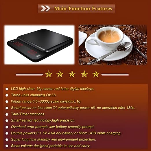 Portable Mini Digital Coffee Scale Electronic Kitchen Scale with Timer Function and Led red Letter high Clear Display Screen,3.0Kg Max D0.1g Dual Power Dry Battery or Rechargeable.Black