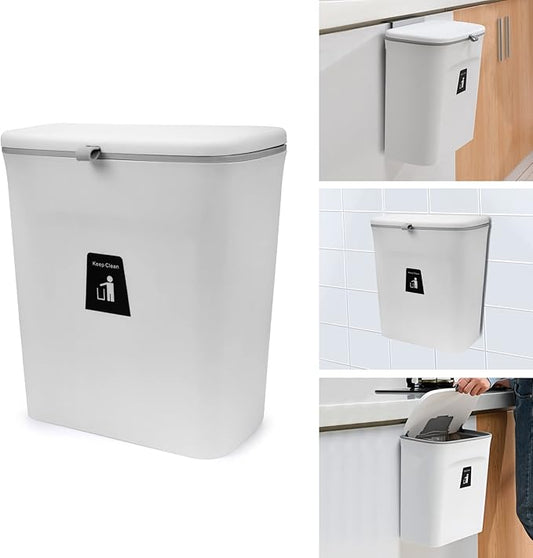 Domiella 2.4 Gallon Hanging Trash Can with Lid, Kitchen Compost Bin for Countertop or Under Sink, Mountable Food Waste Bin with Sealed Lid for Cabinet, Cupboard, Bathroom, or RV (White)