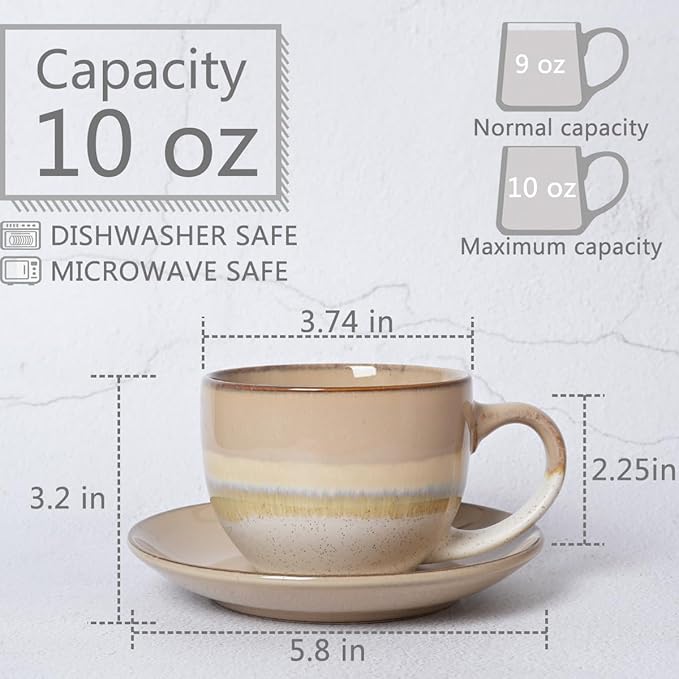 Bosmarlin Ceramic Cappuccino Cup and Saucer Set of 2, 10 Oz, Coffee Cups for Latte, Espresso, Tea, Dishwasher and Microwave Safe (Brown Grey)