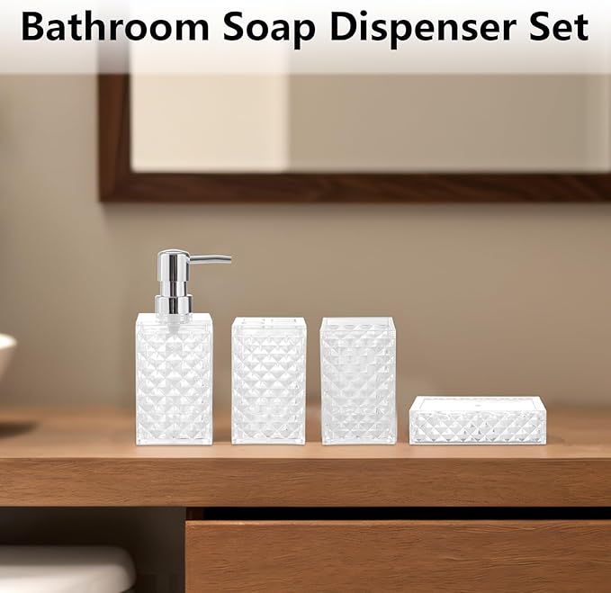 Bathroom Accessories Set 4-Piece Plastic Gift Set with Toothbrush Holder, Toothbrush Cup, Soap Dispenser, Soap Dish(Clear)