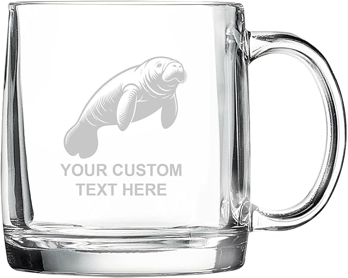 Manatee, Personalized 12.5 oz Polar Camel Glass Coffee Desk Mug – Custom Laser Engraved Clear Cup for Tea, Espresso, Latte, Whiskey - Microwave Safe/Made in USA