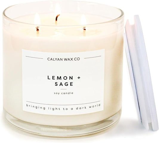 Calyan Wax Co. Lemon & Sage 3 Wick Scented Candle - 43 Hour Burn - Luxury 3 Wick Soy Candles - Non Toxic Soy Wax Candles - Long Lasting Large Glass Jar Candle for Home - 14.9oz