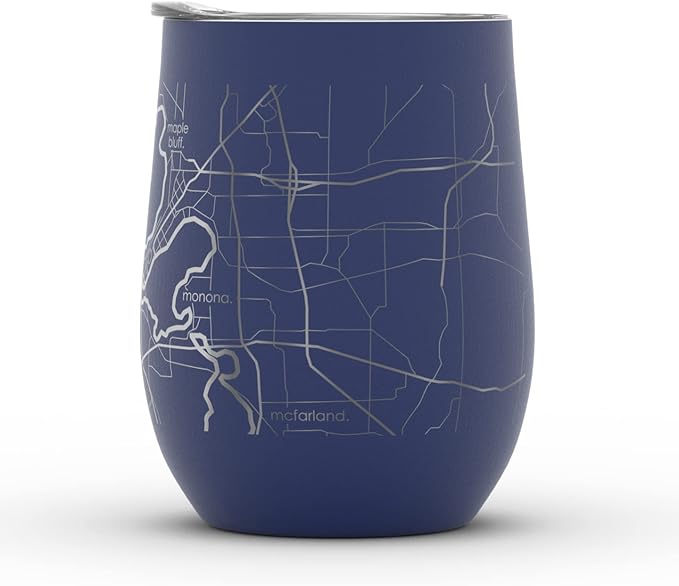 Well Told Engraved Madison Wisconsin Map Insulated Wine Tumbler, Etched Stainless Steel Cup (12 oz, Midnight Blue) City Map Insulated Tumbler, Custom Insulated Tumbler, Outdoor Drinkware