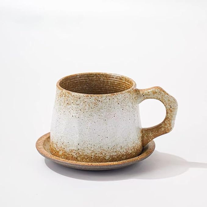 10oz Unique Vintage Retro Handmade Ceramic Cappuccino Barista Cup with Saucer –Rustic Stoneware Coffee Mug, Lead-Free Latte Art Mug，Handmade ceramic cappuccino cups or tea cup (biege)