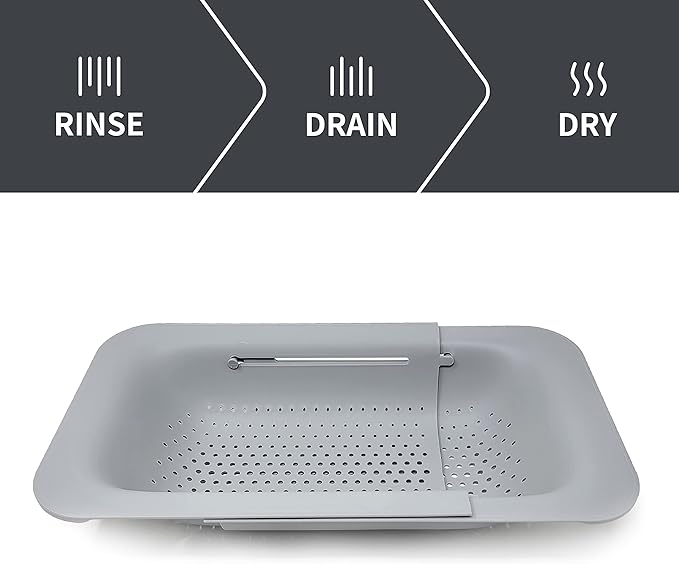 Makerstep Over the Sink Colander Strainer Basket - Expandable, Wash, Drain, and Dry. - New Home Kitchen Essentials, Multifunctional Kitchen Gadgets, Grey 14.25x8