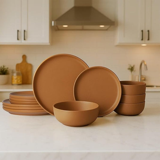 12-Piece Stoneware Dinnerware Set with Mugs | Microwave and Dishwasher Friendly | Stackable Matte Glaze Plates & Bowls | Service for 3 (Orange for 4)
