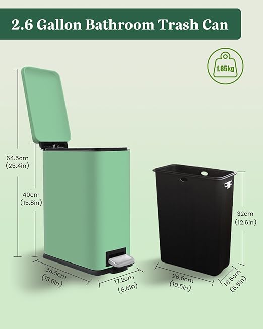 Bathroom Trash can with Lid, 10 Liters / 2.6 Gallon Trash Can, Stainless Steel Garbage Can with Removal Inner Bucket, Slim Pedal Trash Can for Bathroom,Bedroom,Home Office