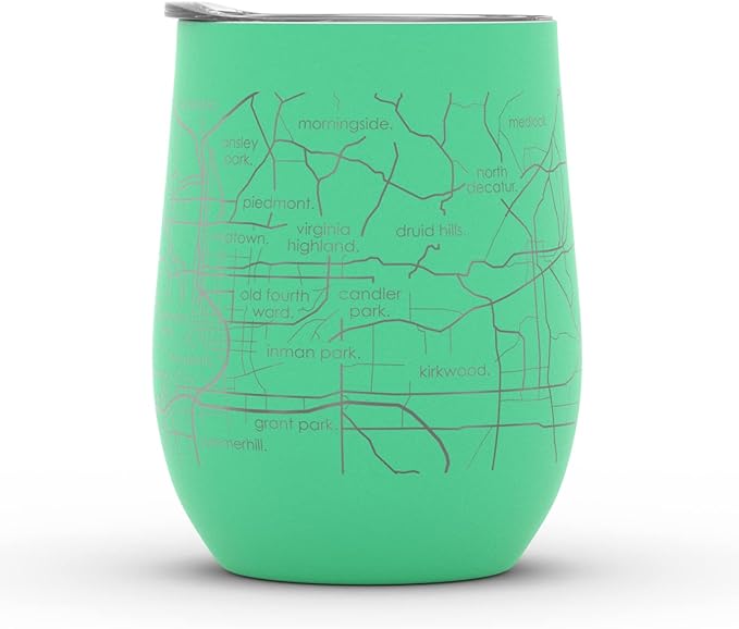 Well Told Engraved Atlanta Georgia Map Insulated Wine Tumbler, Etched Stainless Steel Cup (12 oz, Sunday Green) City Map Insulated Tumbler, Custom Insulated Tumbler, Outdoor Drinkware