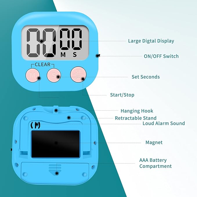 6 Pack Small Digital Kitchen Timer Magnetic Back and ON/Off Switch,Minute Second Count Up Countdown (Blue)