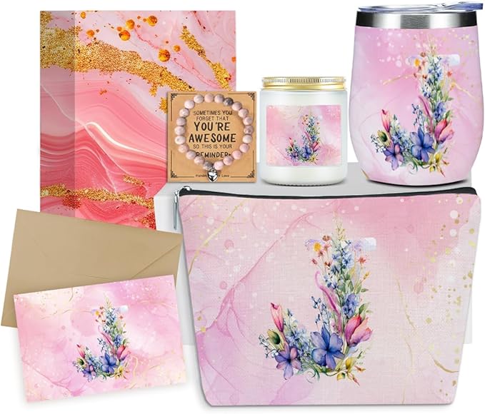 Personalized Gifts Monogrammed Birthday Gifts for Women, Maid of Honor Bachelorette Wedding Christmas Initial Wine Tumbler Makeup Bag Scented Candle Bracelet Set, (Aesthetic Pink Flower J)