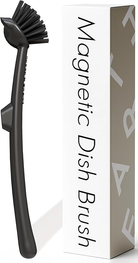Earth & Mango Magnetic Dish Brush – Dish Scrubber with Built-in Scraper – Snaps to Sink, Dries Fast, Declutters Your Counter (Onyx Black)