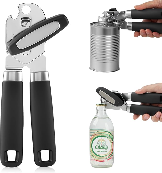 Heavy Duty Smooth Edge Manual Can Opener, Easy Grip Soft Handle with Oversized Turn Knob, Rust-Proof Stainless Steel Kitchen Tool & Bottle Opener, Black