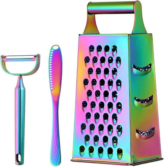 4 Sides Box Grater For Kitchen,Stainless Steel Cheese Grater With Handle,Multi-Function Vegetable Slicer Food Shredder For Chees,Ginger,Vegetables,Rainbow