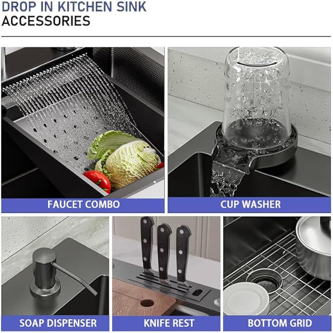 33''x22'' Kitchen Sink with Digital Display, Nano Slidable Kitchen Sinks with Knife Holder & Faucet Combo Set, Drop-in Stainless Steel Single Bowl Workstation Sink with Accessories, Black