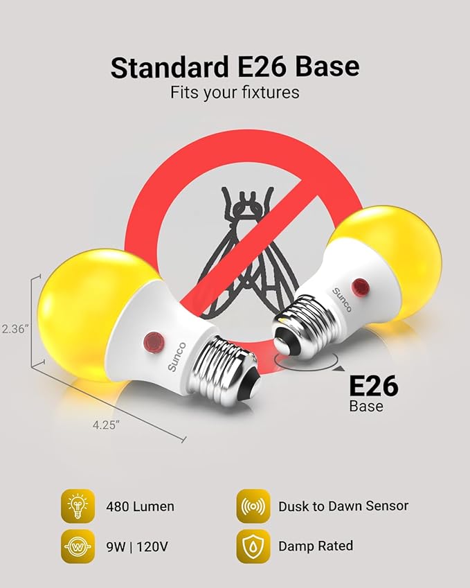 Sunco Yellow Light Bulbs Outdoor A19, LED Bug Lights for Outside Dusk to Dawn, 480 LM, 9W, 2000K Amber Glow, Auto On/Off Photocell Sensor, E26 Base, for Porch Patio Deck Backyard UL 2 Pack