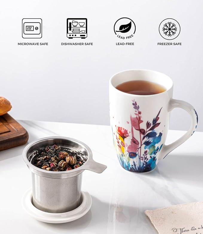 AmorArc Porcelain Tea Mug with Infuser and Lid, 18 Oz Tea Cup with Handle for Loose Leaf Tea, Gift for Tea Lovers of Men and Women