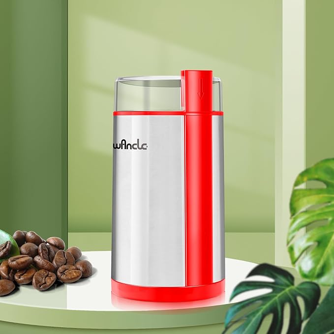 Wancle Electric Coffee Grinder, Quiet Spice Grinder, One Touch Coffee Mill for Beans, Spices and More, with Clean Brush (Red+Stainless Steel+Red)