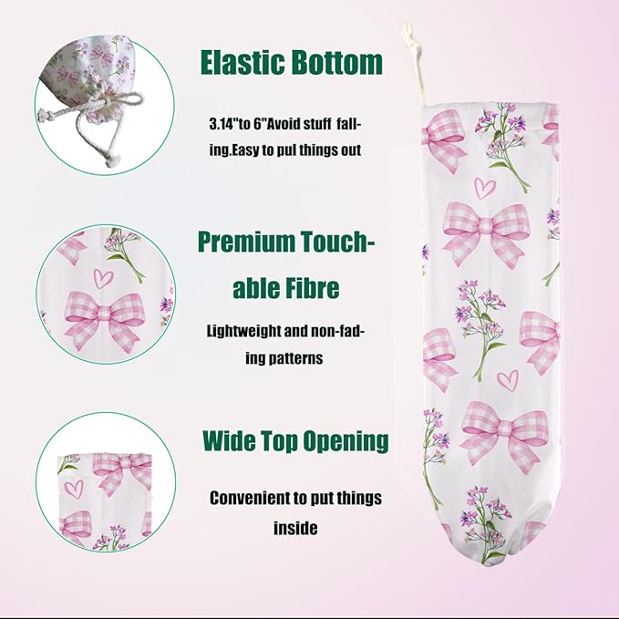 Bow Tie Plastic Bag Holder, Wall Mount Grocery Bag Holder for Plastic Bags, Flower Heart Reusable Grocery Bags Storage Dispenser for Home Kitchen Pantry Decor, Pink Bow Tie Gifts for Women Mom