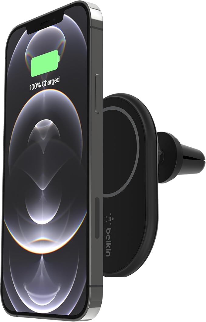 Belkin MagSafe-Compatible Magnetic Wireless Car Charger 10W - Wireless Charger, Magnetic Car Vent Phone Mount for iPhone 17, iPhone 16, 15, & 14 Series, Pixel 10 (Power Supply Included) - Black