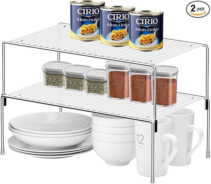 Set of 2 Kitchen Cabinet Organizer Shelves, Stackable Organizer and Storage for Cabinet Cupboard, Expandable Shelf Risers Plate Rack with Anti-Slip Plastic Liner