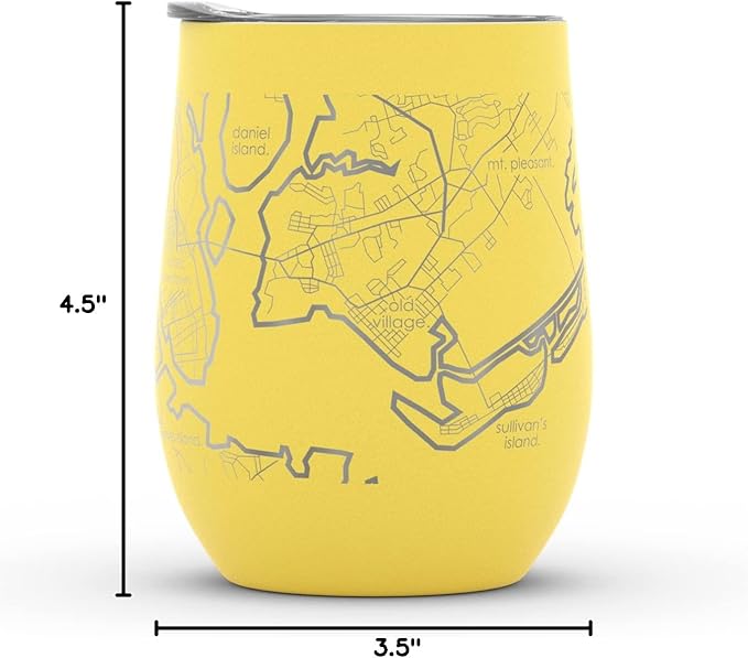 Well Told Engraved Charleston South Carolina Map Insulated Wine Tumbler, Etched Stainless Steel Cup (12 oz, Sunrise Yellow) City Map Insulated Tumbler, Custom Insulated Tumbler, Outdoor Drinkware