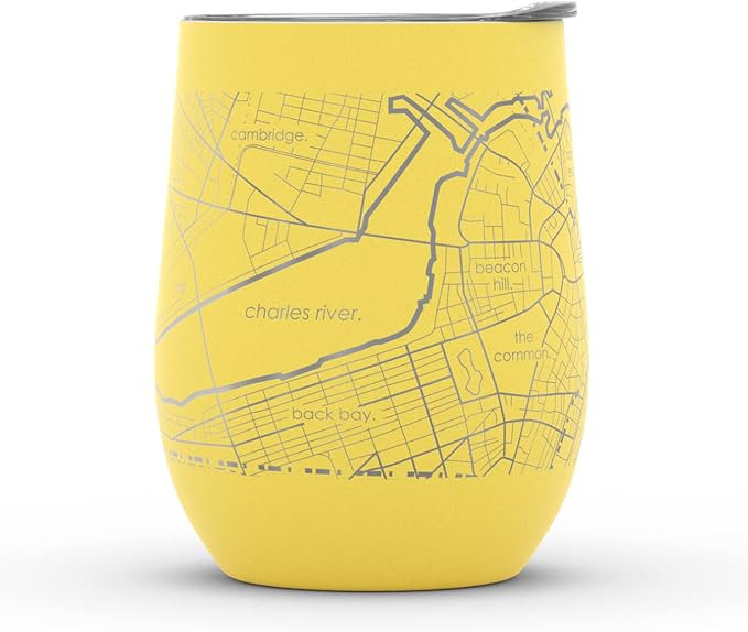 Well Told Engraved Boston Massachusetts Map Insulated Wine Tumbler, Etched Stainless Steel Cup (12 oz, Sunrise Yellow) City Map Insulated Tumbler, Custom Insulated Tumbler, Outdoor Drinkware