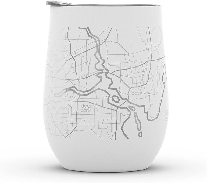 Well Told Engraved Houston Texas Map Insulated Wine Tumbler, Etched Stainless Steel Wine Tumbler (12 oz, White) City Map Insulated Tumbler, Custom Insulated Tumbler, Outdoor Drinkware