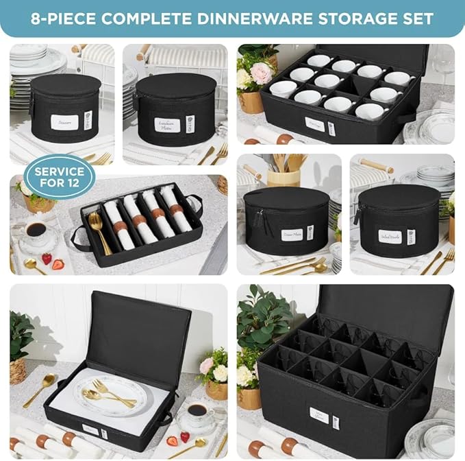 Hard Shell China Storage Containers 8-Piece Set Moving Boxes for Dinnerware, Glasses, Plates, Mugs and Saucers Sturdy Dish Organizer with Dividers for Seasonal Storage - Service for 12 - Black