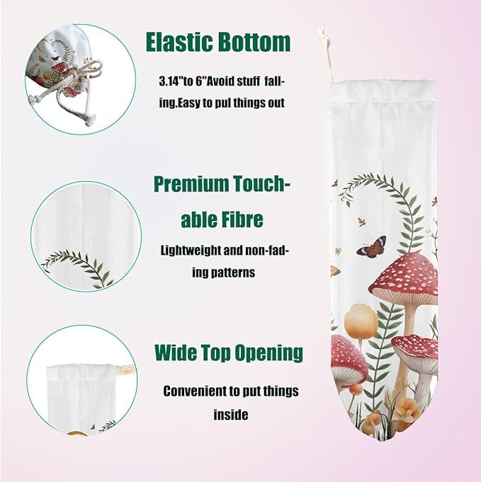2 Pcs Mushroom Plastic Bag Holder, Floral Butterfly Grocery Bag Holder for Plastic Bags, Reusable Washable Shopping Bags Storage Dispenser for Home Kitchen Pantry Decor, Cute Mushroom Gifts for Women