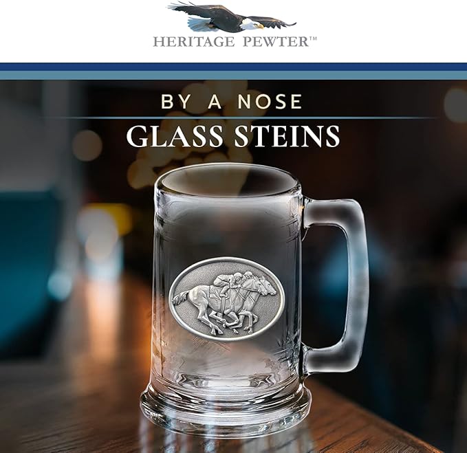 Heritage Pewter By a Nose Beer Stein Glass | 15 Ounce German-Style Beer Glass | Intricately Crafted Metal Pewter Alma Mater Inlay