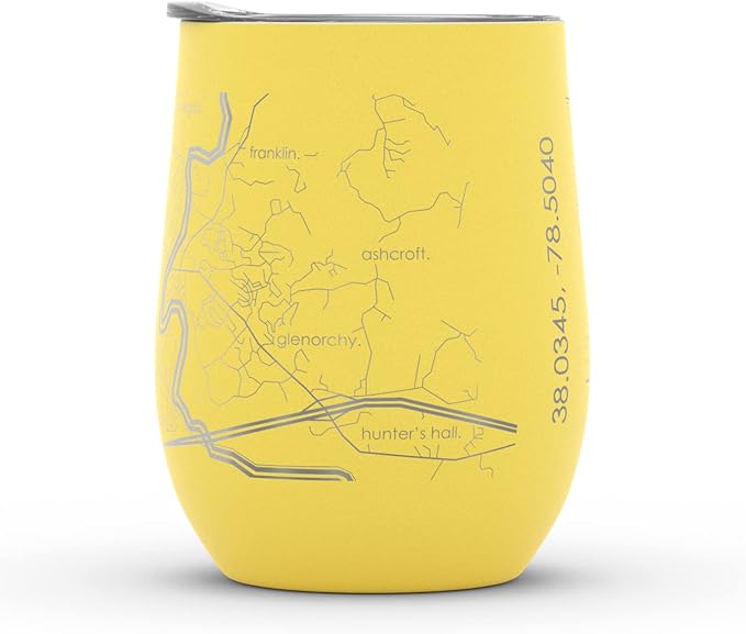 Well Told Engraved Charlottesville Virginia Map Insulated Wine Tumbler, Etched Stainless Steel Cup (12 oz, Sunrise Yellow) City Map Insulated Tumbler, Custom Insulated Tumbler, Outdoor Drinkware