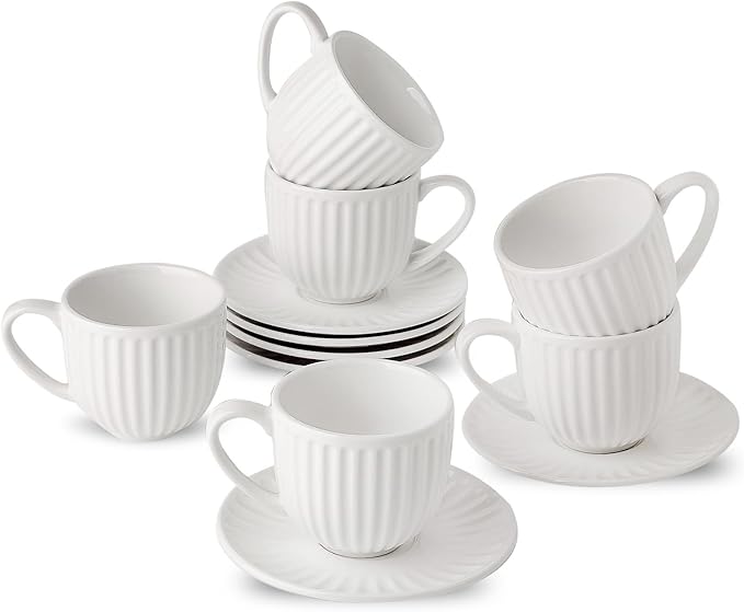 Hasense Ceramic Cappuccino Cups and Saucers - 8 Oz, Large Ribbed Latte Cups Set of 6 for Coffee,Tea,Latte and Macchiato, Demitasse Cups Set Aesthetic Gifty, White