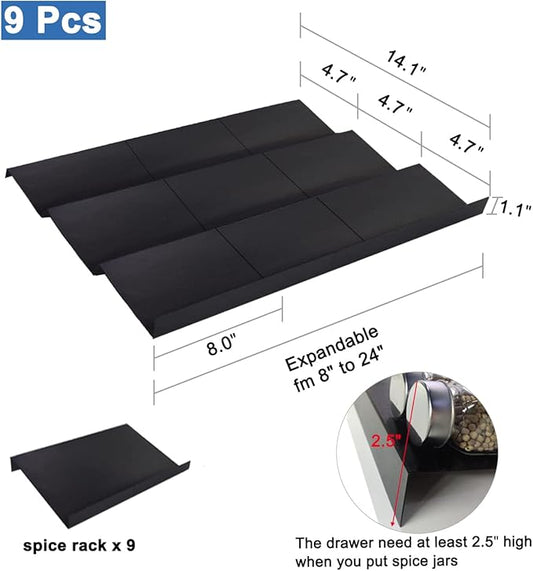 Expandable Spice Drawer Rack Organizer Insert for Kitchen Cabinet - Multi Tier Adjustable Spice Storage Shelf for Seasoning and Jar, Pack of 9