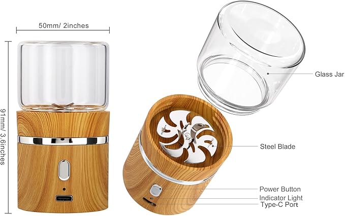 Electric Grinder Spice Crusher Rechargeable Mini Size 2" x 3.5" with 2PCS 1.7oz/50ml Glass Jars (NOT for nuts or beans), Wood Grain Pattern