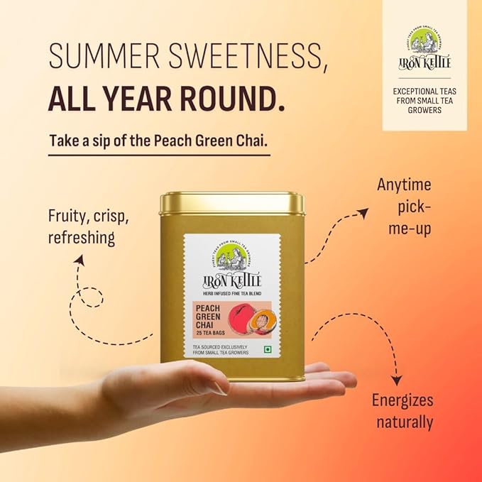 Iron Kettle Peach Green Tea | High Grown Green Tea bag blended with Safflower & Natural Peach extract | Sourced exclusively from small tea growers with higher fine leaf count | 25 Tea Bags