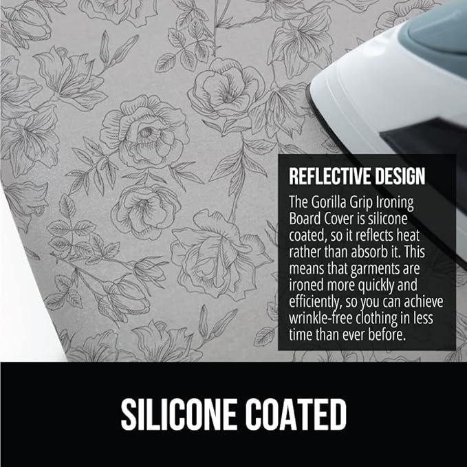 GORILLA GRIP The Original Ironing Board Cover and Pad, Silicone Coating, Thick Scorch Resistant Padding, Heavy Duty Iron Covers Standard Boards, Hook and Loop Fastener Strap, Gray Floral, 15x54