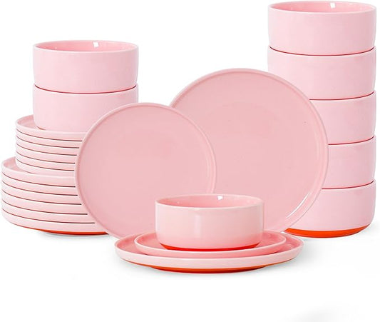 24 Piece Dinnerware Sets for 8, Dual Glaze Stoneware Plates and Bowls Set, Microwave and Dishwasher Safe, Pink