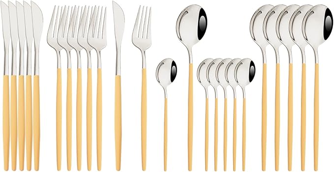 JASHII Flatware Set 24 Piece, Stainless Steel Silverware Set, Macaron Small Fresh Color Cutlery Set, Modern Elegant Tableware Set for Party, Christmas, Dinner (Yellow Silver)