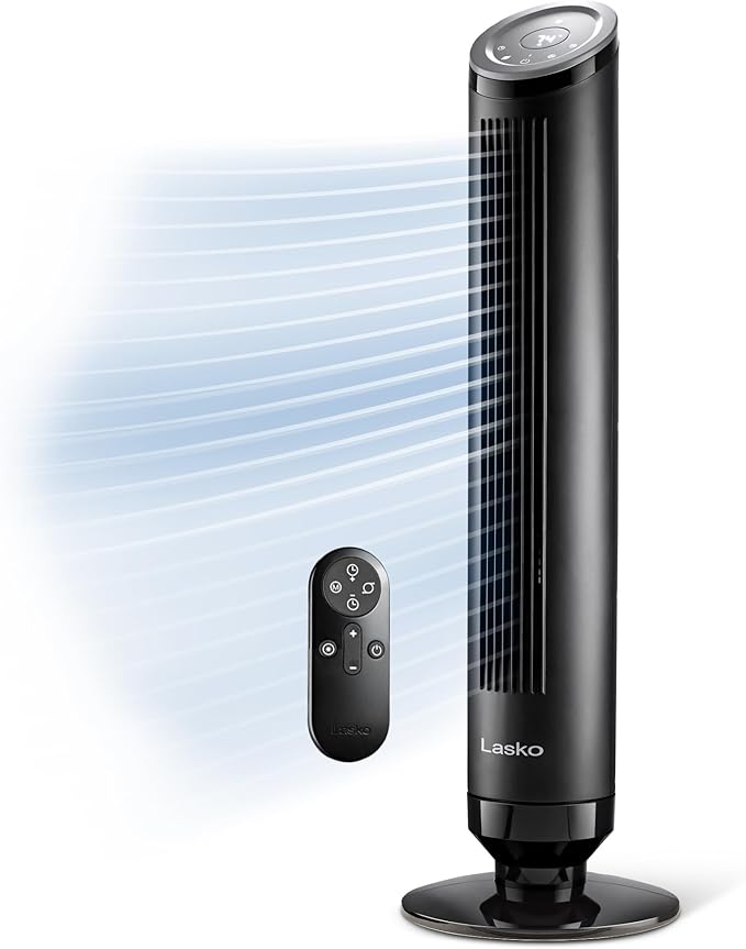 LASKO Ascend Tower Fan with Remote, 36" Floor Fans for Home Bedroom, 29 ft/s Airflow, 90° Oscillation, Air Filter, Black, OST100