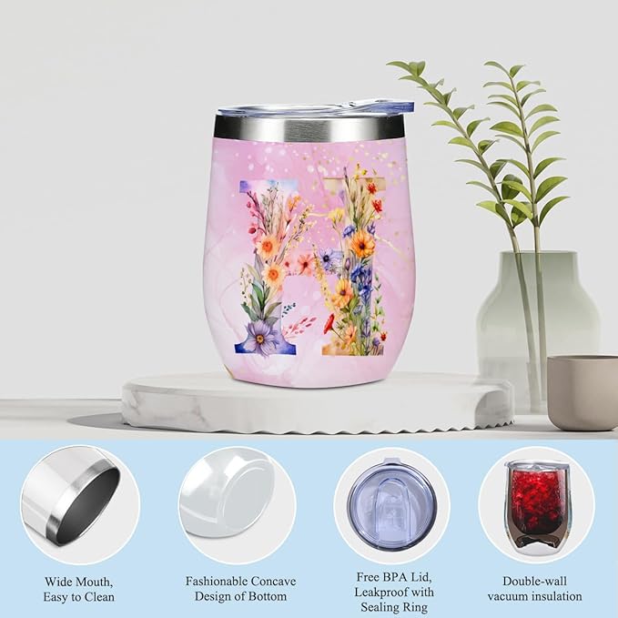 Personalized Gifts Monogrammed Birthday Gifts for Women, Bridesmaid Bachelorette Party Christmas Initial Wine Tumbler Makeup Bag Scented Candle Bracelet Set, (Aesthetic Pink Flower H)