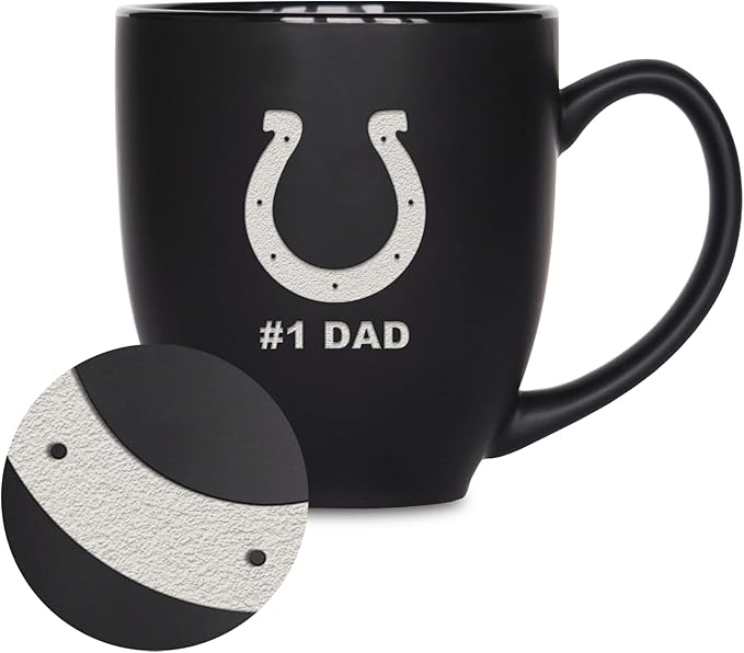 Rico Industries NFL Football #1 Dad 15oz Laser Engraved Matte Black Ceramic Bistro Mug - for Hot or Cold Drinks