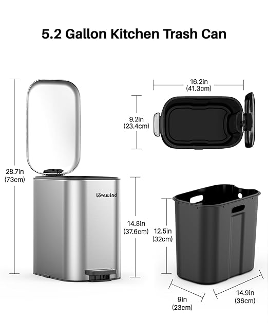 Lovewind Trash Can with Lid, 5.2 Gallon/20 L Footstep Garbage Can for Kitchen Bathroom Bedroom Home Office, 20 Liter Trash Bin Brushed Stainless Steel Waste Bin with Soft-Close Lid, Silver
