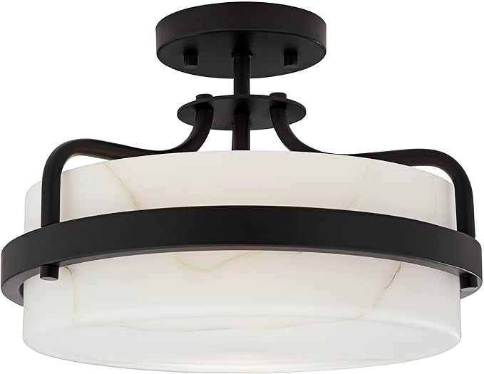 Possini Euro Design Bregman 13" Modern Semi Flush-Mount Ceiling Light Fixture Kitchen Foyer Hallway Drum Round Black Finish White Stone Glass Metal Bedroom Bathroom Entryway Living Room Indoor
